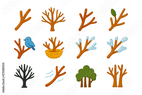 Colorful tree branch icons with seasonal elements