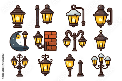 Vintage lantern collection featuring classic street and wall lamps with snow