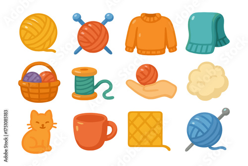 Cozy autumn knitting icons with yarn and sweaters in warm colors