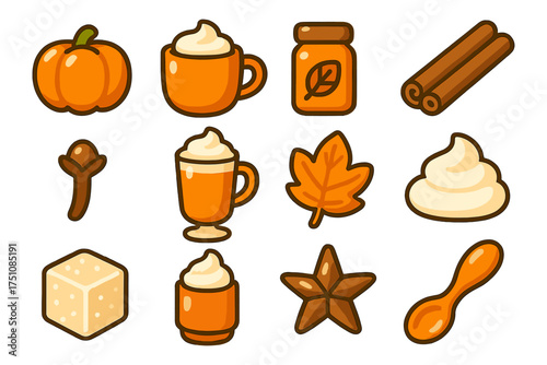Cozy autumn drink and spice icons with pumpkins and seasonal flavors