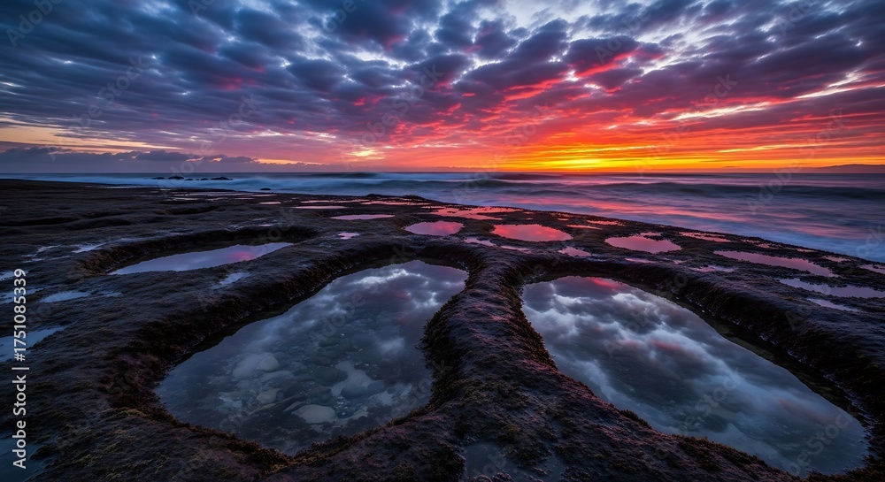 Fototapeta premium Dramatic Sunset Sky Reflected in Coastal Tide Pools.