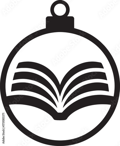 Black open book inside a Christmas ornament outline pages reading 1
