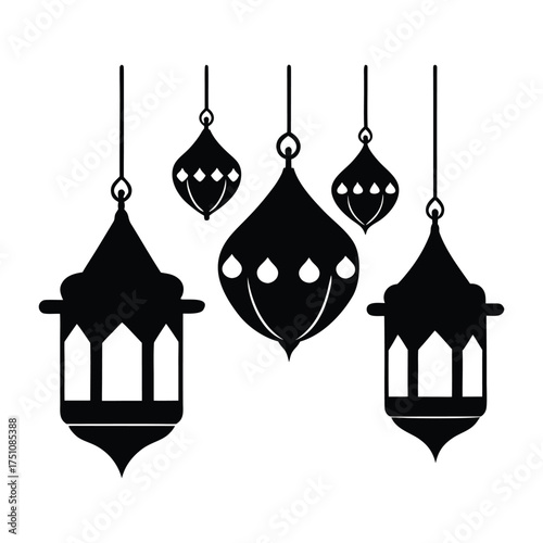 Hanging Lanterns and Diyas Diwali Vector Silhouette