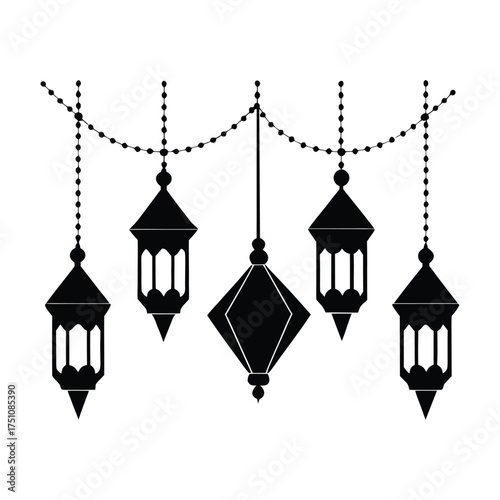 Hanging Lanterns and Diyas Diwali Vector Silhouette