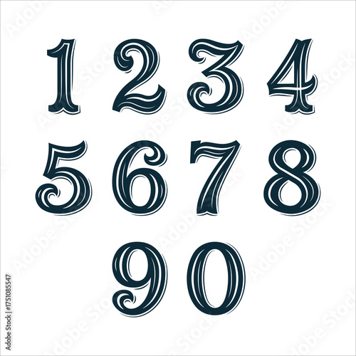 Hand-drawn vintage numbers set with elegant curves and bold engraved lines. Classic decorative typography illustration. Perfect for design, labels, posters, and retro branding. Part of set.