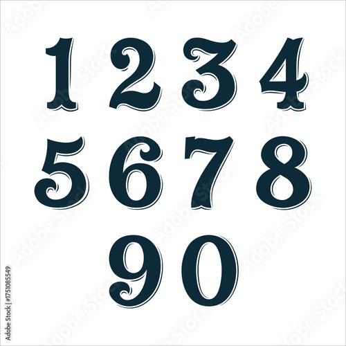 Hand-drawn vintage numbers set with bold serif shapes and elegant engraving lines. Retro decorative typography illustration. Ideal for design, posters, labels, and branding. Part of set.