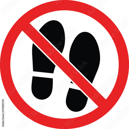 Red circle with diagonal line over black shoe prints no shoes sign do not walk sign