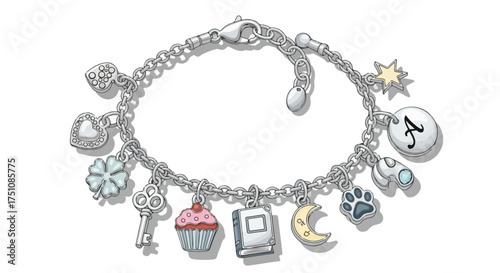 Dangling Charms: A Silver Bracelet Displaying Symbols of Luck, Love, and Personal Identity against a Crisp White Backdrop