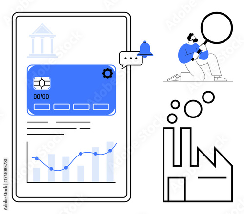 Mobile interface with banking card, chart, notification researcher with magnifying glass factory. Ideal for fintech, banking, data analysis, industry, technology innovation modern design. Simple