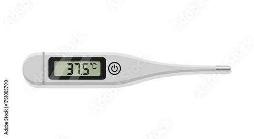 Digital thermometer displaying an elevated temperature as a health monitoring device during illness showing 37.5 degrees celsius