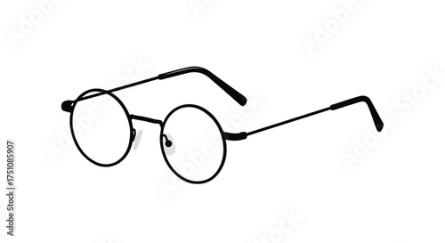 Minimalist rendering of round eyeglasses, showcasing vintage design, clear lenses and slender black frames isolated on a white background