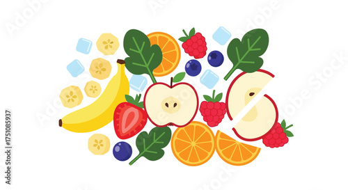 Colorful Smoothie Ingredients Flat Lay Featuring Various Fruits and Ice Cubes, Healthy Eating Concept, Isolated on White Background