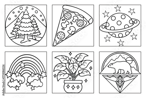 Engaging coloring pages for young learners including snowy pine trees, delicious pizza slice, outer space planet, rainbow with stars, potted plant, and polar bear arctic scene
