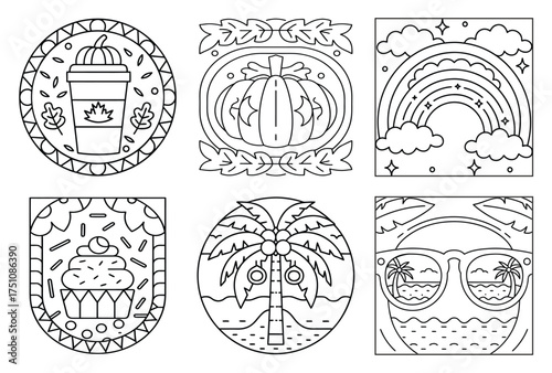 coloring page outline illustrations depicting autumn coffee, a pumpkin with leaves, a rainbow with clouds, a cupcake with sprinkles, a palm tree on an island, and sunglasses reflecting a beach.