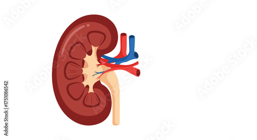 Human kidney anatomy illustration featuring renal blood vessels and renal pelvis on plain white background perfect for educational or medical purposes