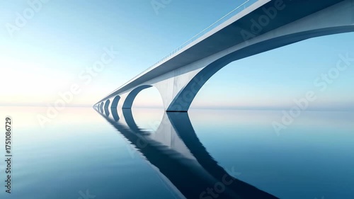 Modern Minimalist Arched Bridge Over Calm Reflective Water.