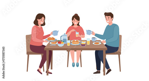 Family enjoying breakfast together at the table with pancakes and pastries