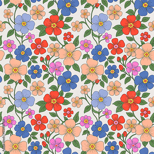 A vibrant and colorful vintage-style floral pattern wallpaper design featuring an intricate array of blossoms
