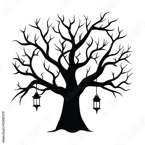 Haunted Tree with Lanterns and Cobwebs Silhouette Illustration