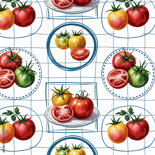 Whimsical Repeating Pattern Design Featuring Colorful Tomatoes and Plates for Diverse Applications