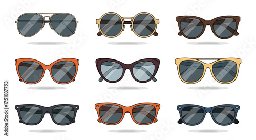 Diverse sunglasses collection showcasing trendy eyewear fashion with unique designs and varying frame styles for summer accessories and eye protection