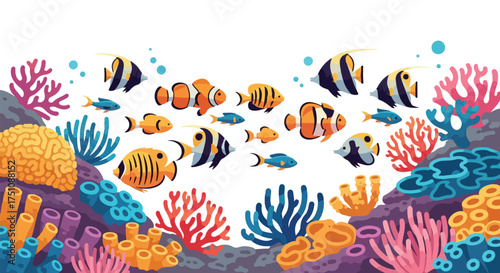 Vibrant coral reef ecosystem teeming with colorful tropical fish and diverse coral formations creating a lively underwater scene perfect for