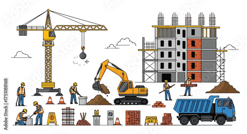 Vibrant Cartoon Construction Site Depiction Featuring Workers Heavy Machinery and a Building Under Construction Showcasing the Building Process