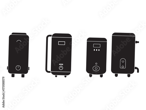 Set of modern water heaters illustration representing different types of home appliances for hot water supply systems and domestic usage