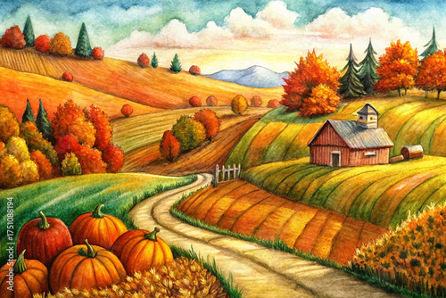 autumn countryside, rolling hills, red orange foliage, rustic farmhouse, winding path, pumpkins, clear sky, cozy nature, greeting card art, seasonal illustration