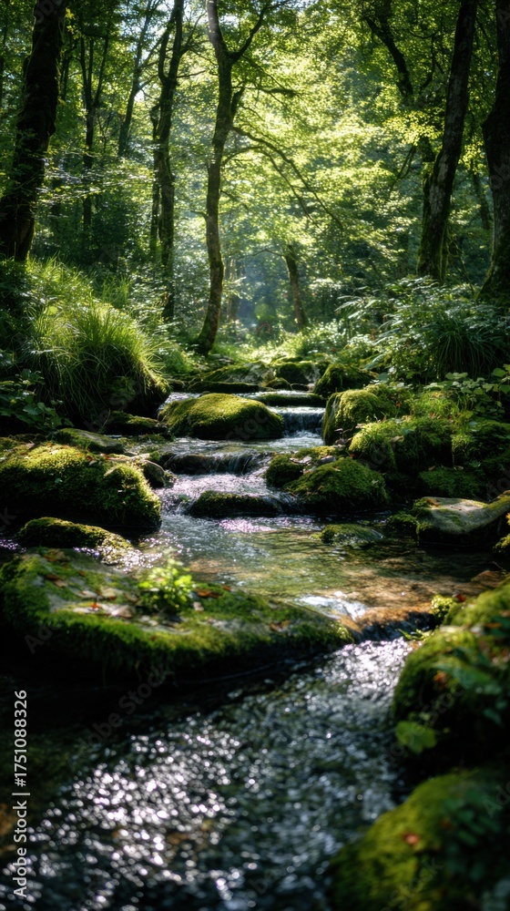 Obraz premium Enchanted forest stream with moss covered rocks and sunlight filtering through trees