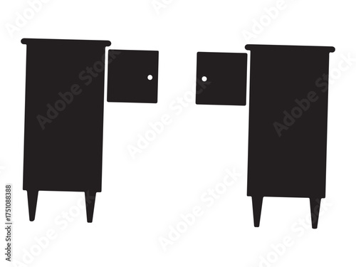 Silhouette Illustration of Two Bedside Tables with Doors and Three Legs Modern Design Furniture