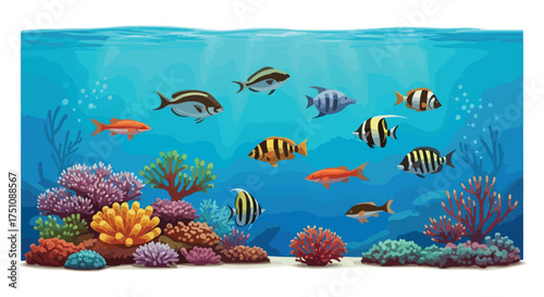 Vibrant marine life scene with diverse fish species swimming amidst colorful coral reefs and underwater vegetation