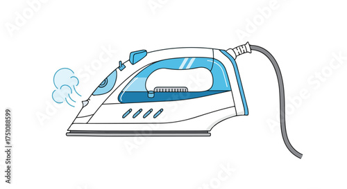 Stylized depiction of a modern steam iron expelling vapor for textile care ironing and household appliance use that is isolated on a white background
