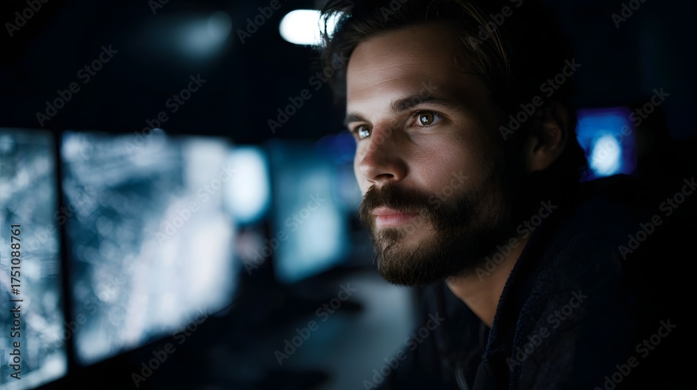 Obraz premium Man intensely focused on multiple computer screens displaying data in a dimly lit environment highlighting technology and concent n