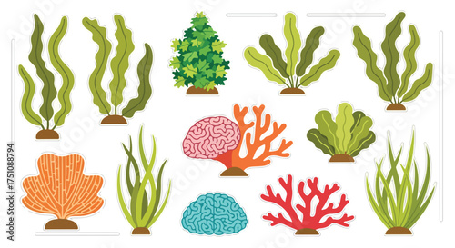 Cartoon underwater plants and brain corals for aquarium decoration, colorful aquatic flora and fauna vector assortment with whimsical touch