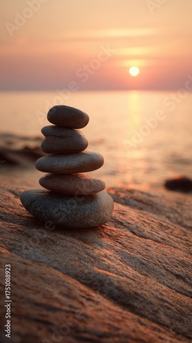 Zen stones balanced on a rocky shore at sunset