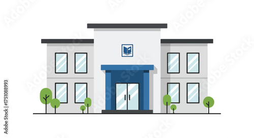 Illustration of a modern two-story building with flat design elements representing an academic institution of learning facility