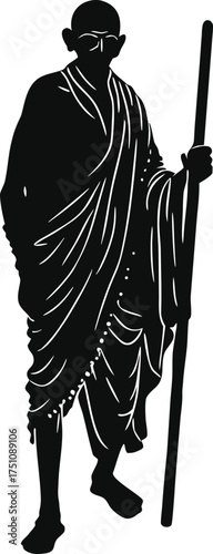 Black silhouette of Mahatma Gandhi holding a staff