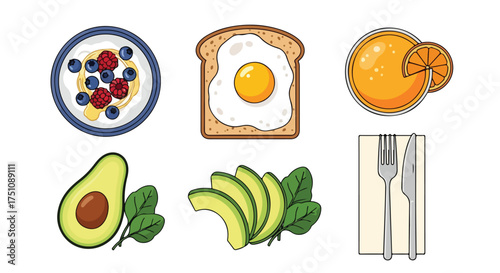 Healthy brunch illustration with yogurt parfait toast avocado juice and silverware, perfect for breakfast or a light lunch illustration depicting