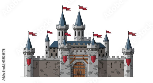 Majestic medieval castle illustration with turrets, flags, and stone walls symbolizing architectural heritage and fantasy, design vector rendering