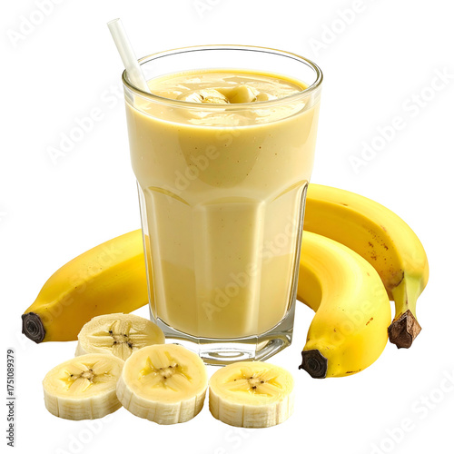 Glass of creamy yellow beverage with bananas and slices beside it