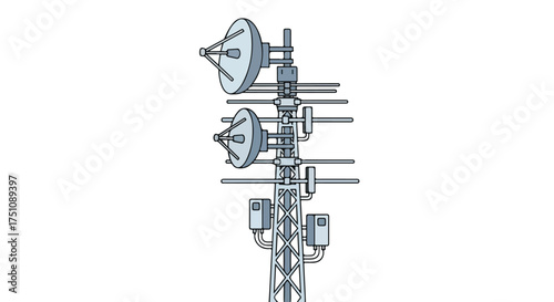 Towering Telecommunications: A Detailed Look at a Transmission Tower with Satellite Dishes Depicted in a Minimalist Style