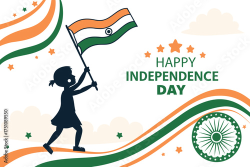 Child silhouette holding Indian flag happy independence day