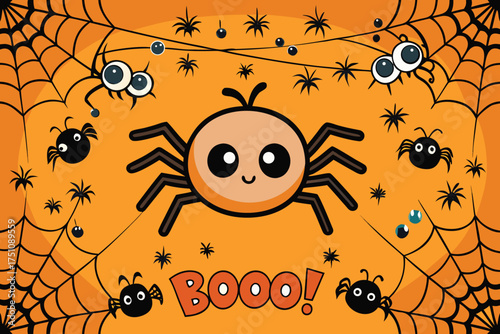 Cute cartoon spider with web and boo text for halloween