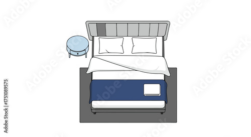 Minimalistic bedroom arrangement featuring a bed with a padded headboard and side table, presented from an overhead perspective for design