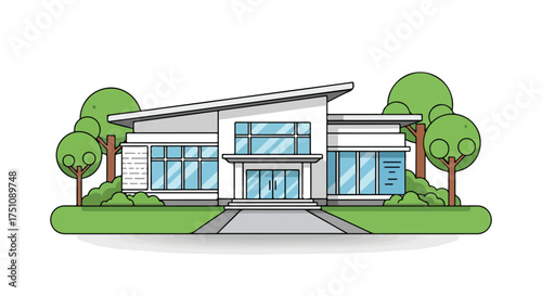 Stylized architectural illustration of a modern house surrounded by lush greenery displaying minimalist geometric shapes and clean lines with an