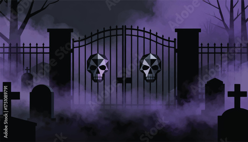 Illustration Of A Cemetery Gate Decorated With Skulls, Thick Fog Vector Design Template