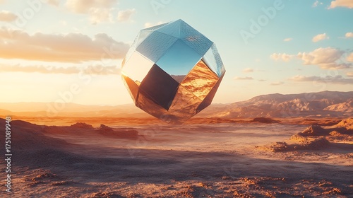 Reflective Geometric Object Floating Over Desert at Sunset