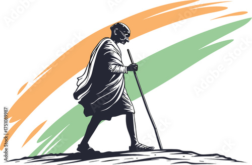 Gandhi walking with a stick against Indian flag colors