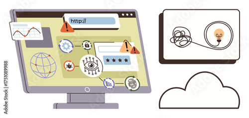 Computer screen with warning icons, security alerts, and suspicious activity. Globe, cloud, and tangled idea metaphor featured. Ideal for cybersecurity, technology, risk management problem-solving